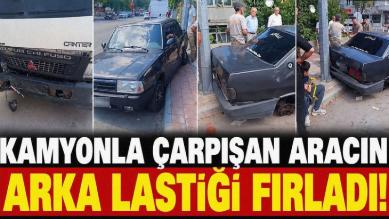 Kamyonla Çarpışan Aracın Lastiği Yola Fırladı!